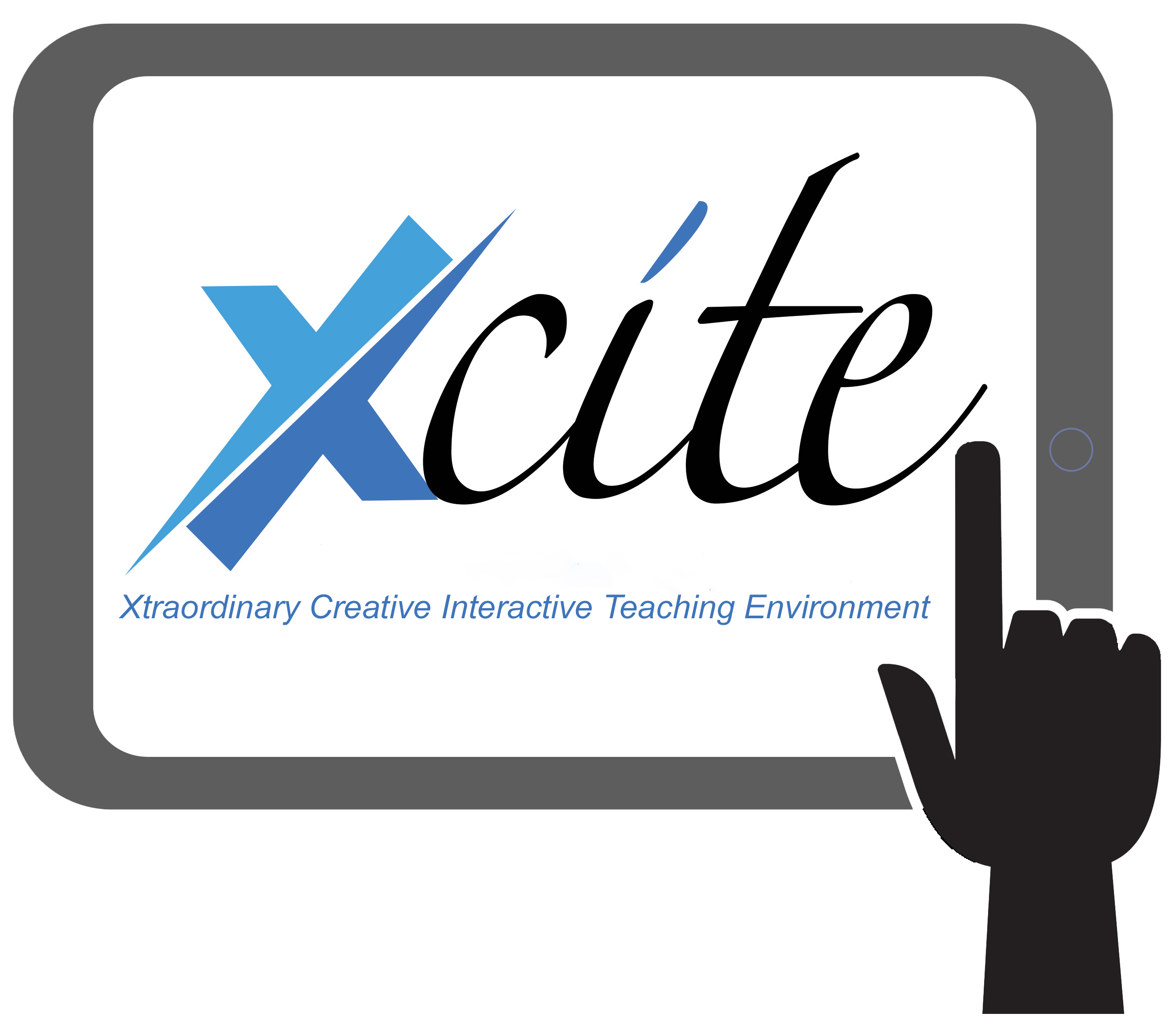 Xcite logo on a tablet screen with the tagline 'An Xciting Tool for Learning!'